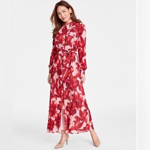 INC International Concepts Red Floral Long Sleeve Pleated Shirt Dress